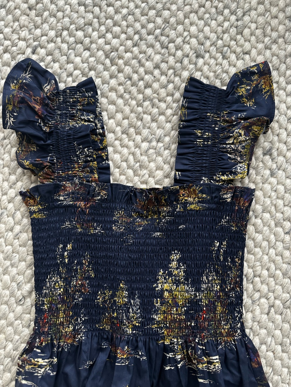 Hill House Navy Pattern Tiered Midi Dress with Smocked Bodice - Picture 2 of 8